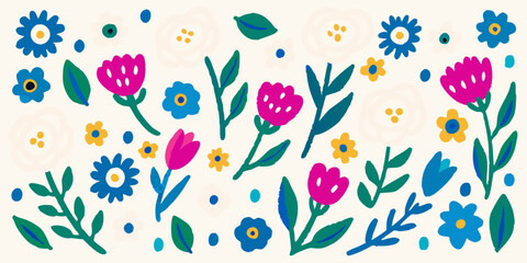 Fototapeta premium A colorful playful pattern of stylized flowers and foliage