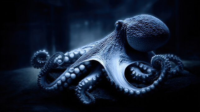 Close-up of an octopus resting on a dark surface