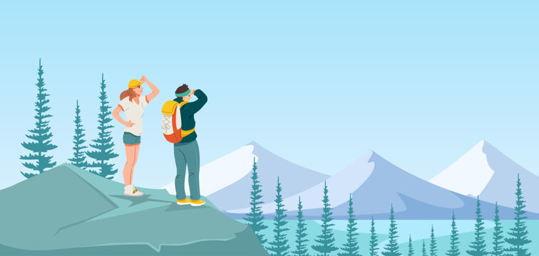 Tourists standing on a high mountain cliff in flat style with distant peaks on clear sky background, concept of travel adventure. Vector illustration