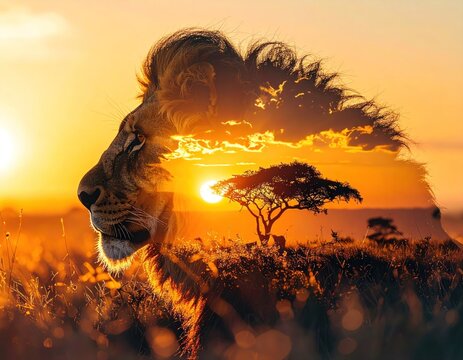 Lion sunset landscape double exposure