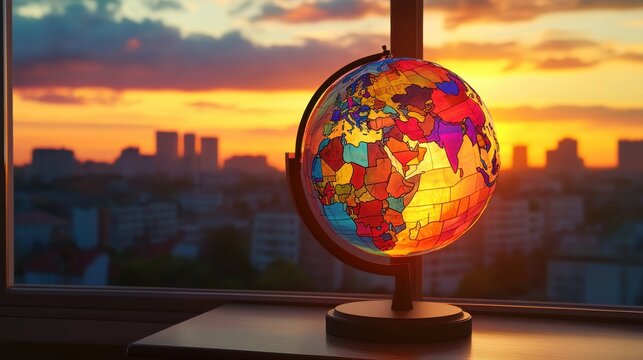 Stained Glass Globe Displayed Near Window at Sunset