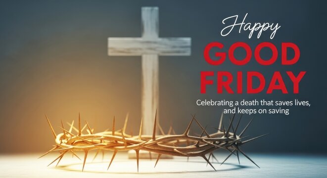 Happy good friday with crown of thorns and cross on table