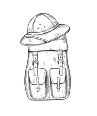 Backpack and safari hat vector isolated line ink illustration. Hand drawn modern rucksack with jungle hat monochrome composition for travel concepts, wildlife researcher poster, historical themes © Masha_tolk_art