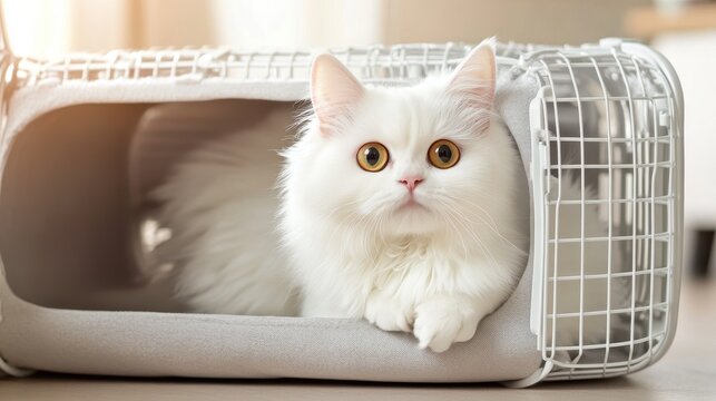 White fluffy cat resting comfortably inside of carrier