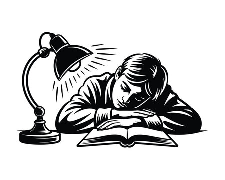 Tired student sleeping on an open book under a desk lamp illustration