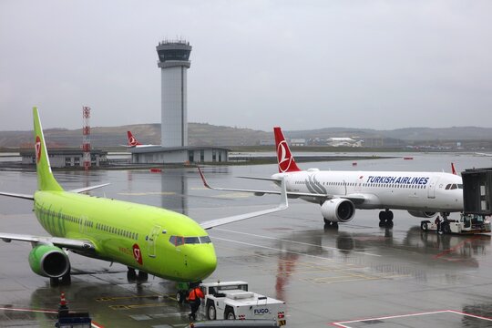 ISTANBUL, TURKEY - APRIL 11, 2023: Boeing 737-800 aircraft of S7 Airlines from Russia at Istanbul International Airport in Turkey.