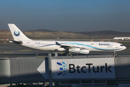 ISTANBUL, TURKEY - MARCH 25, 2023: Iran Aseman Airlines Airbus A340 airplane at Istanbul International Airport in Turkey.