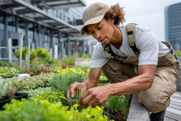 Fototapeta premium Rooftop gardener tending to fresh herbs and vegetables on a cloudy day in the city