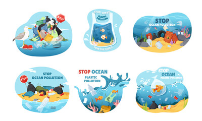 Fototapeta premium Ocean pollution scenes with trash and marine life in cartoon style on a white background, concept of environmental protection. Vector illustration