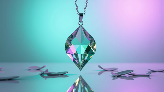 Crystal pendant geometric necklace reflective surface pastel background elegant jewelry modern style soft lighting tranquil mood