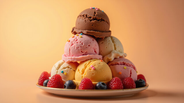 Colorful ice cream scoops chocolate vanilla strawberry mango sprinkles fresh raspberry blueberry dessert plate