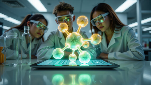 Scientists laboratory molecule digital hologram research technology innovation teamwork futuristic concept
