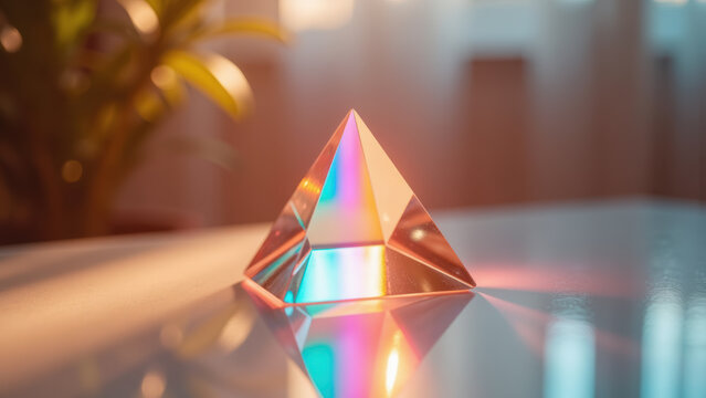 Glass prism pyramid reflection colorful sunlight table geometric transparent modern decor. glass prism pyramid reflects colorful sunlight on table