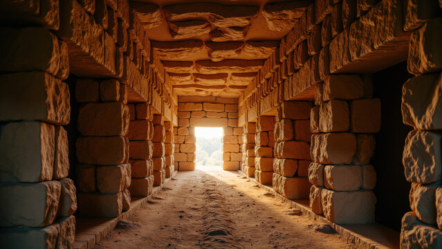 Ancient stone corridor, warm sunlight, textured walls, historic architecture, rustic tunnel, archaeological site, peaceful atmosphere