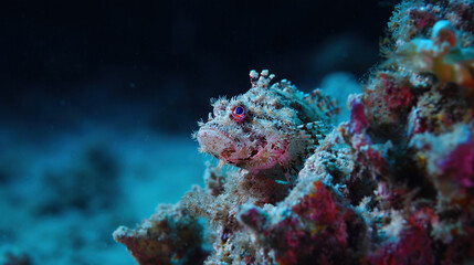 Fototapeta premium Marine creature camouflaged on coral reef during night dive