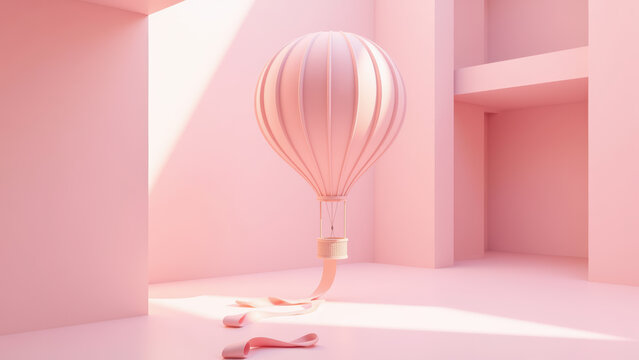 Pastel pink hot air balloon floating in minimal geometric room, soft light, whimsical and dreamy atmosphere, modern interior design