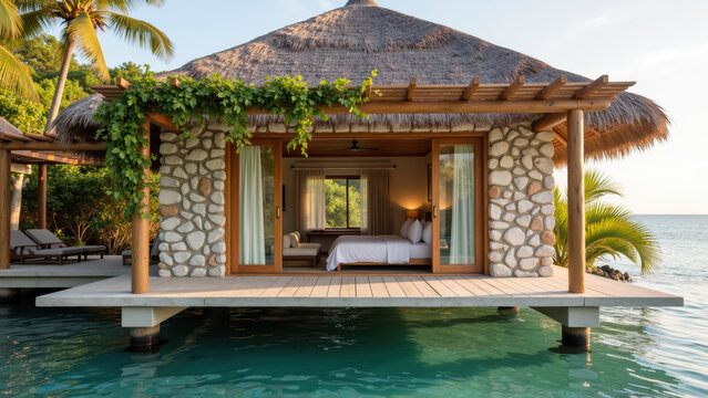 Overwater bungalow tropical villa ocean view thatched roof stone wall luxury resort serene relaxation vacation