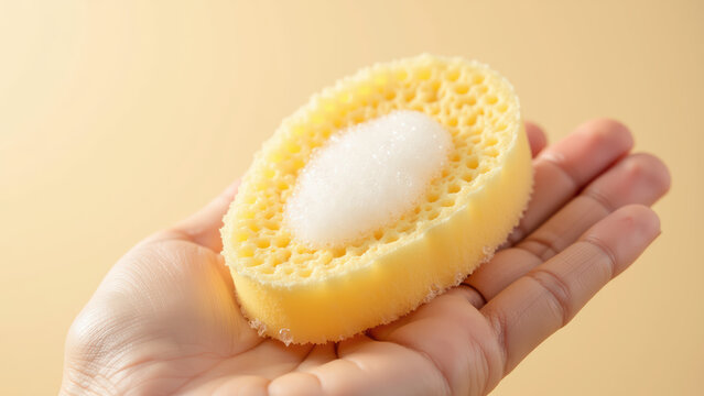 Yellow bath sponge with foam held in hand, soft texture, gentle cleaning, personal hygiene, skincare, and relaxation concept