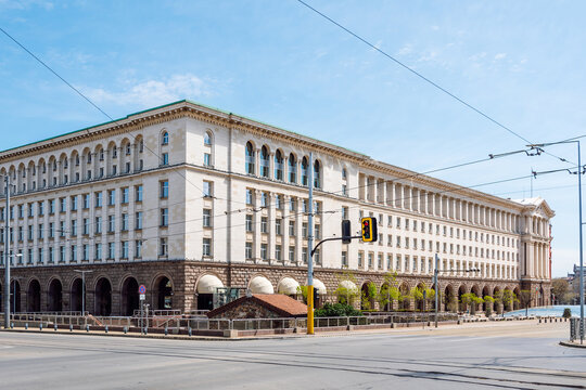 Socialist Classicism architecture. The Largo Building and Council of Ministers in Central Sofia, Bulgaria