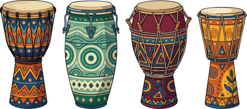 African Tribal Drum Collection - Flat Vector Illustration Set of Four Colorful Djembe and Conga Drums with Traditional Ethnic Geometric Patterns and Ornaments