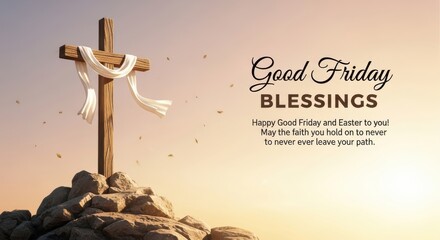A serene good friday blessings image with a cross on a rock at sunset