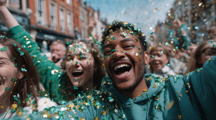 Obraz premium Lively happy joyful man and woman wearing green standing in falling confetti during street celebration parade scene showing excitement
