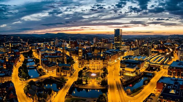 aerial view of sheffield city at sunset england timelapse