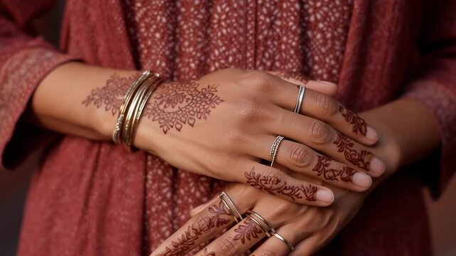 People celebrate an event with traditional henna art on their hands. The designs reflect cultural significance. Friends and family gather together to enjoy the festivities.