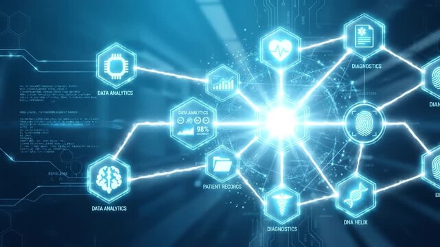 Digital healthcare network featuring data analytics, patient records, diagnostics, DNA helix, and biometric fingerprint icons connected by glowing lines futuristic artificial intelligence digital