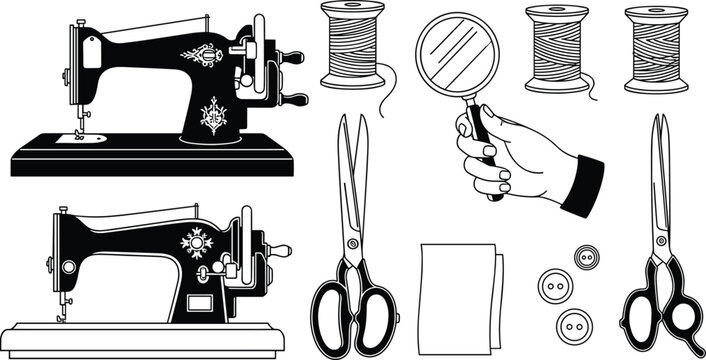 Vintage sewing machines and tools silhouette illustration for crafting and tailoring