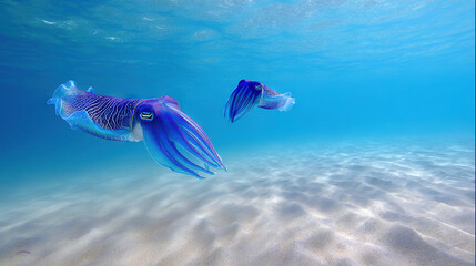 Fototapeta premium Two Cephalopods Swimming in Crystal-Clear Ocean Waters