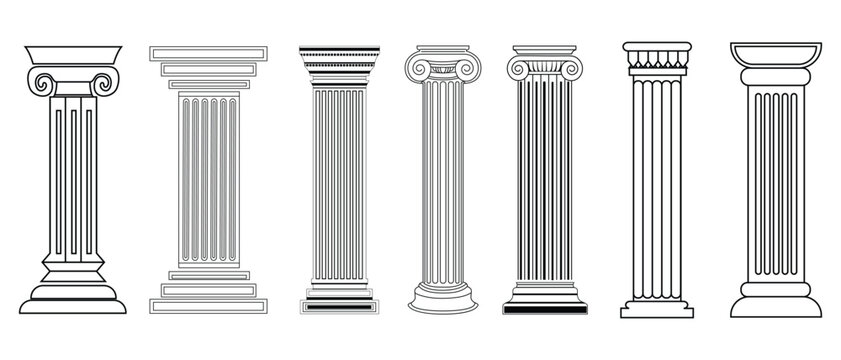 Ancient Greek columns, Ancient classic pillars icons. vector design of isolated ancient pillars. Different architecture pillars. Vector illustration. 