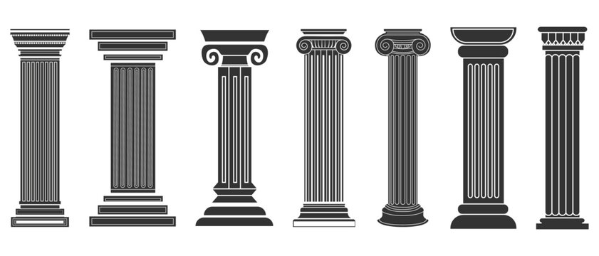Ancient classic pillars. Black silhouette architecture pillars. Greek and roman architecture pillars, vector design of isolated ancient pillars. Vector illustration. 