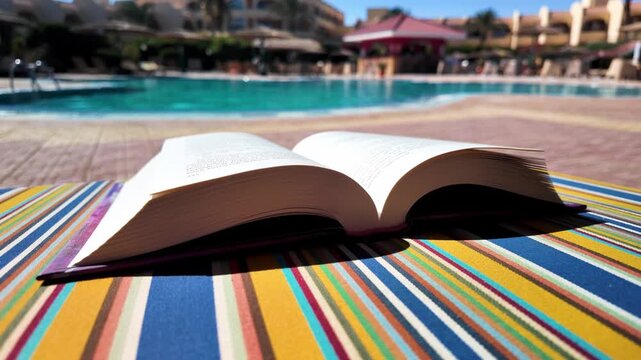 An open book on a lounger by the pool in luxury resort or hotel on a peaceful, sunny day. Vertical, slow motion view and copy space for text.