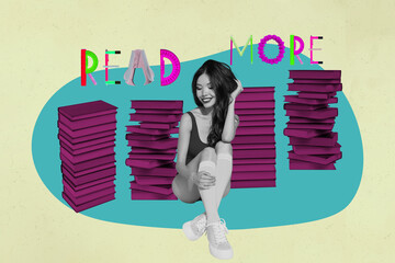 Naklejka premium Pop art full zine photo collage of happy girl guy sit library academic book stack education learner pencil ruler read more letters