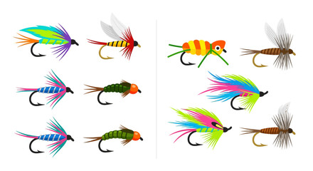 Colorful assortment of illustrated fishing flies on a white background © Sumon