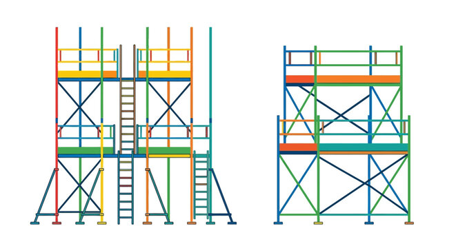 Colorful scaffolding structures with ladders and platforms are visually displayed