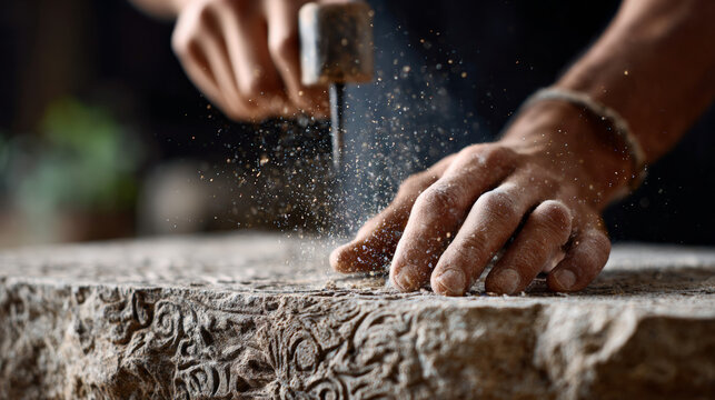 Sculptor hands chiseling ornate stone slab in workshop