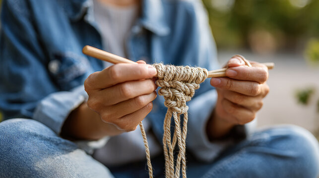 Hands crafting macrame knots with wooden dowel outdoors