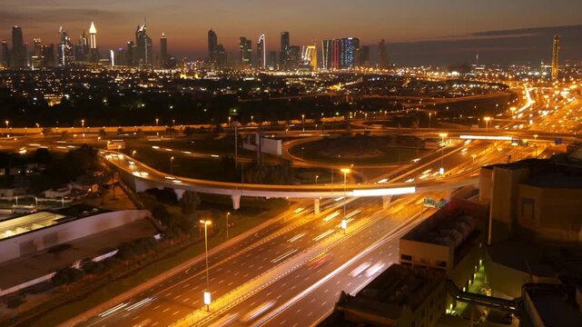 Night seren aerial view of Dubai highway interchange and illuminated city skyline. Global war affect and Oil production Hub.  