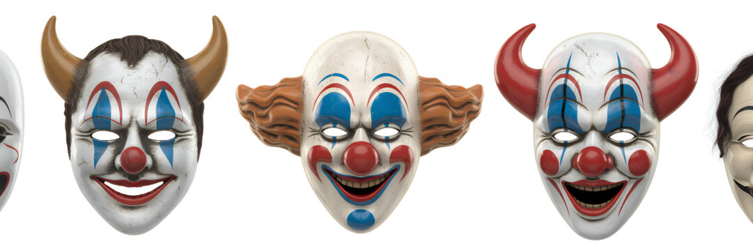 Different devil clown masks on white background