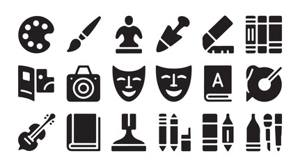 Creative arts and crafts solid icons set. tools and objects for artistic expression and hobbies
