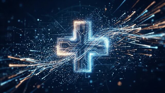 Digital cross technology data flow with glowing abstract connection, futuristic network innovation featuring electronic blue orange light trails, circuit particle energy virtual cyber interface