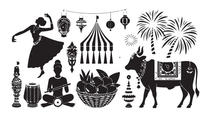Indian festival black silhouette icons set including dancer, drum, cow, lanterns, palm trees © MD.RAHIM