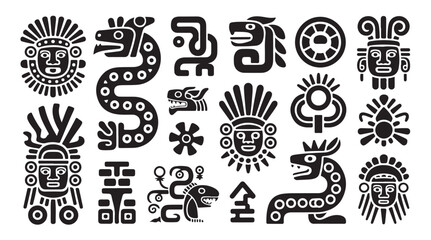 Ancient tribal ethnic masks and totem glyphs black silhouette vector flat style icon set