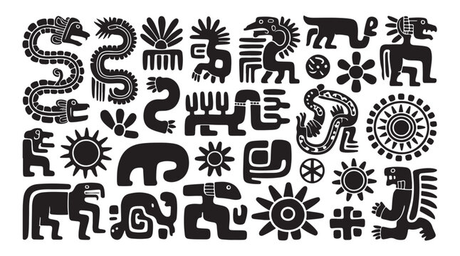 Ancient tribal ethnic symbols and totem glyphs black silhouette vector flat style graphic set