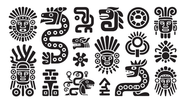 Ancient tribal ethnic masks and totem glyphs black silhouette vector flat style icon set