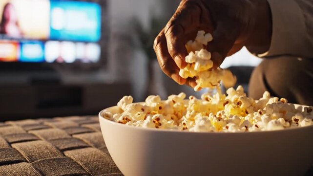 Hand reaching for popcorn bowl television.