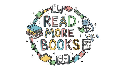 Read More Books:  An astronaut floating in space, engrossed in a book, encircled by a constellation of colorful open books, embodying the limitless journey of reading and the universe of knowledge. © hafeza