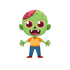 Obraz premium A cute cartoon zombie character with a green skin, big eyes, and an open mouth, ready for fun or mischief. The zombie has an interesting stitched wound on its head, adding to its spooky charm